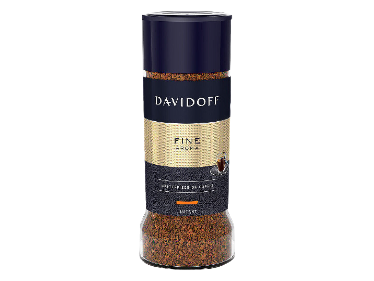 Davidoff Fine Aroma šķīstošās kafijas burka uz melna fona.