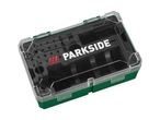 Green and clear plastic storage box for drill bits and accessories, with a black interior.