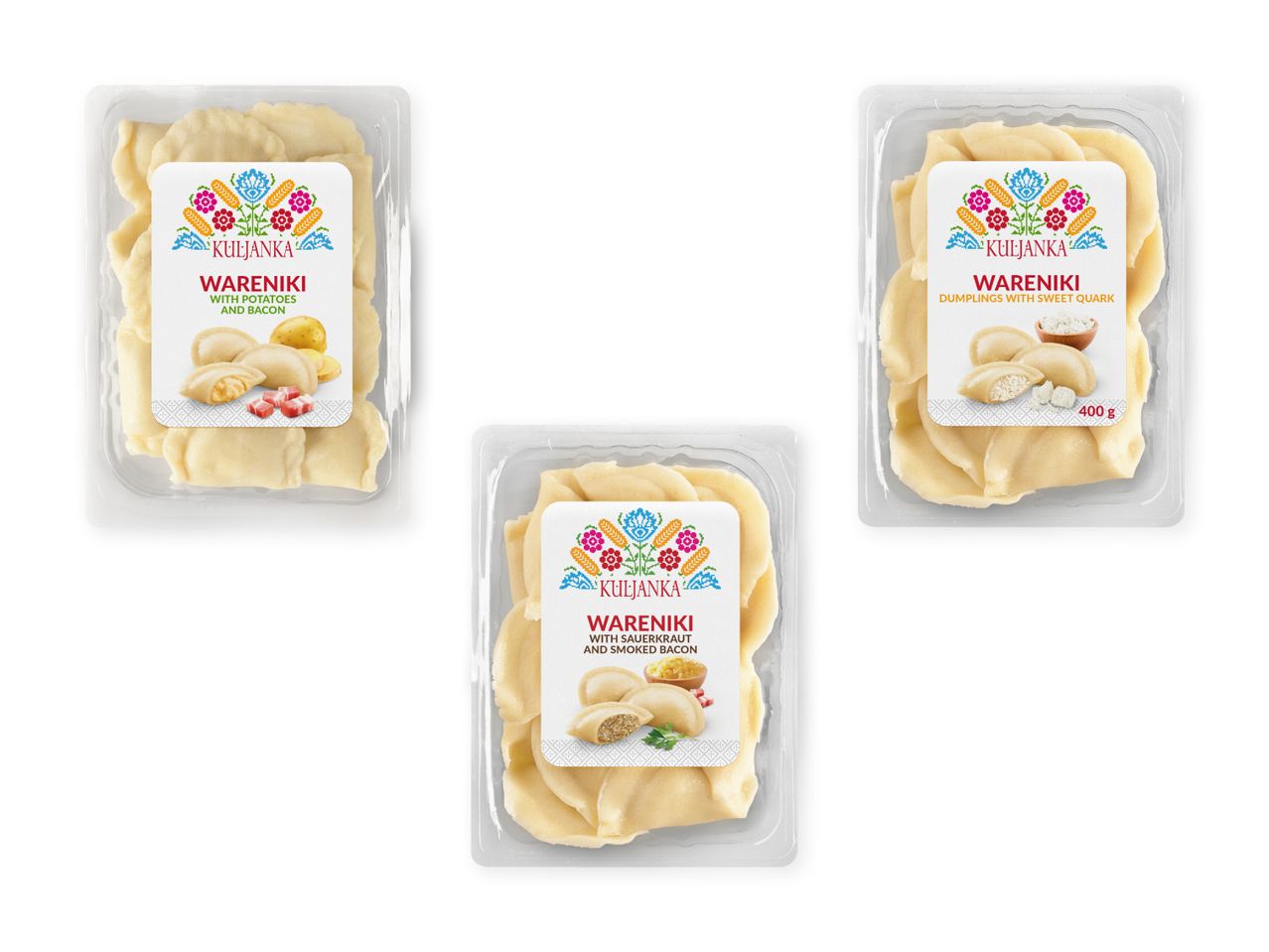 Tre pakker med pasta, muligvis hjemmelavet.