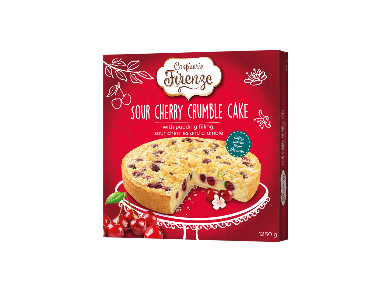 Prăjitură cu cireșe amare și crumble Confiserie Firenze cu umplutură de budincă