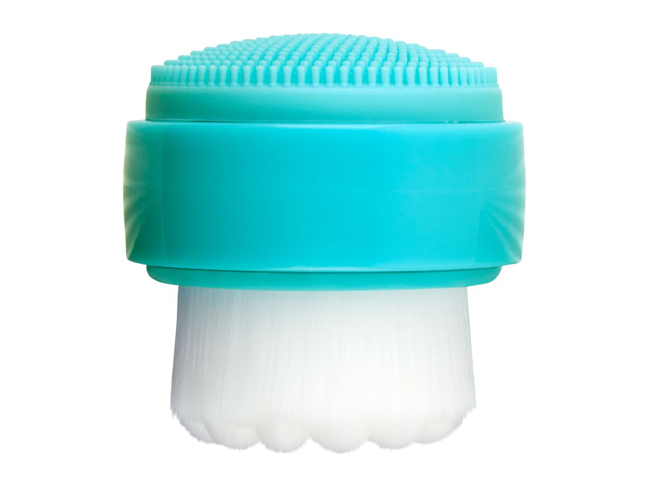 A teal silicone facial cleansing brush with a soft bristle head.