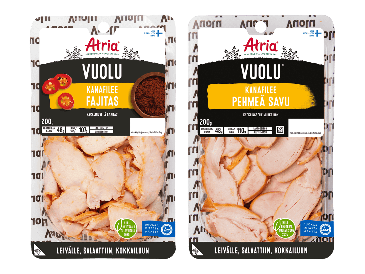Kaksi pakkausta kanaleikkeleitä: toinen fajitas-maustettu ja toinen miedosti savustettu.