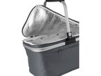 Gray insulated picnic basket with an open lid showing the reflective interior