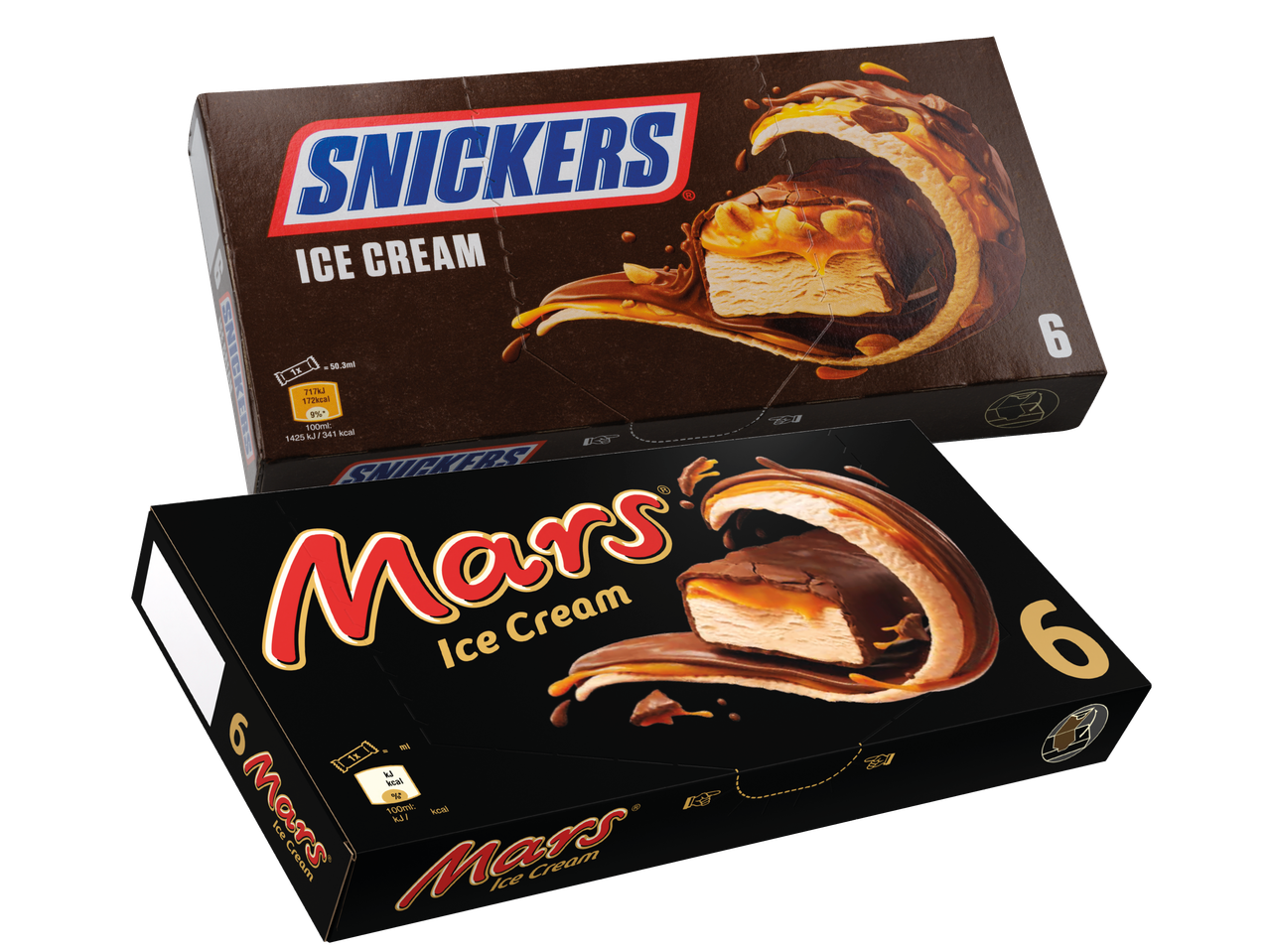 Två förpackningar med Snickers och Mars glass, båda med sex stycken i varje.