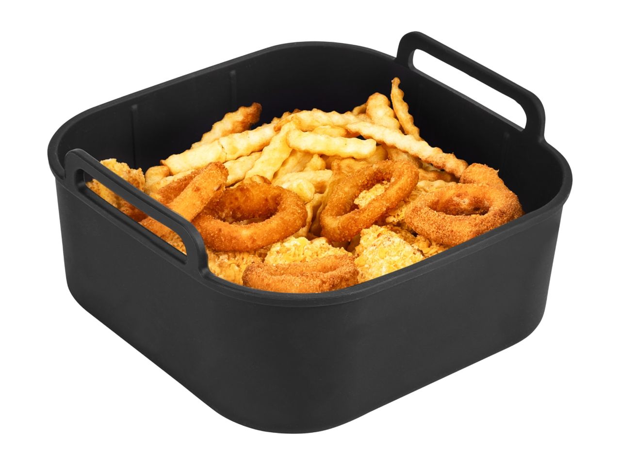 Black silicone air fryer liner filled with crinkle-cut fries and onion rings