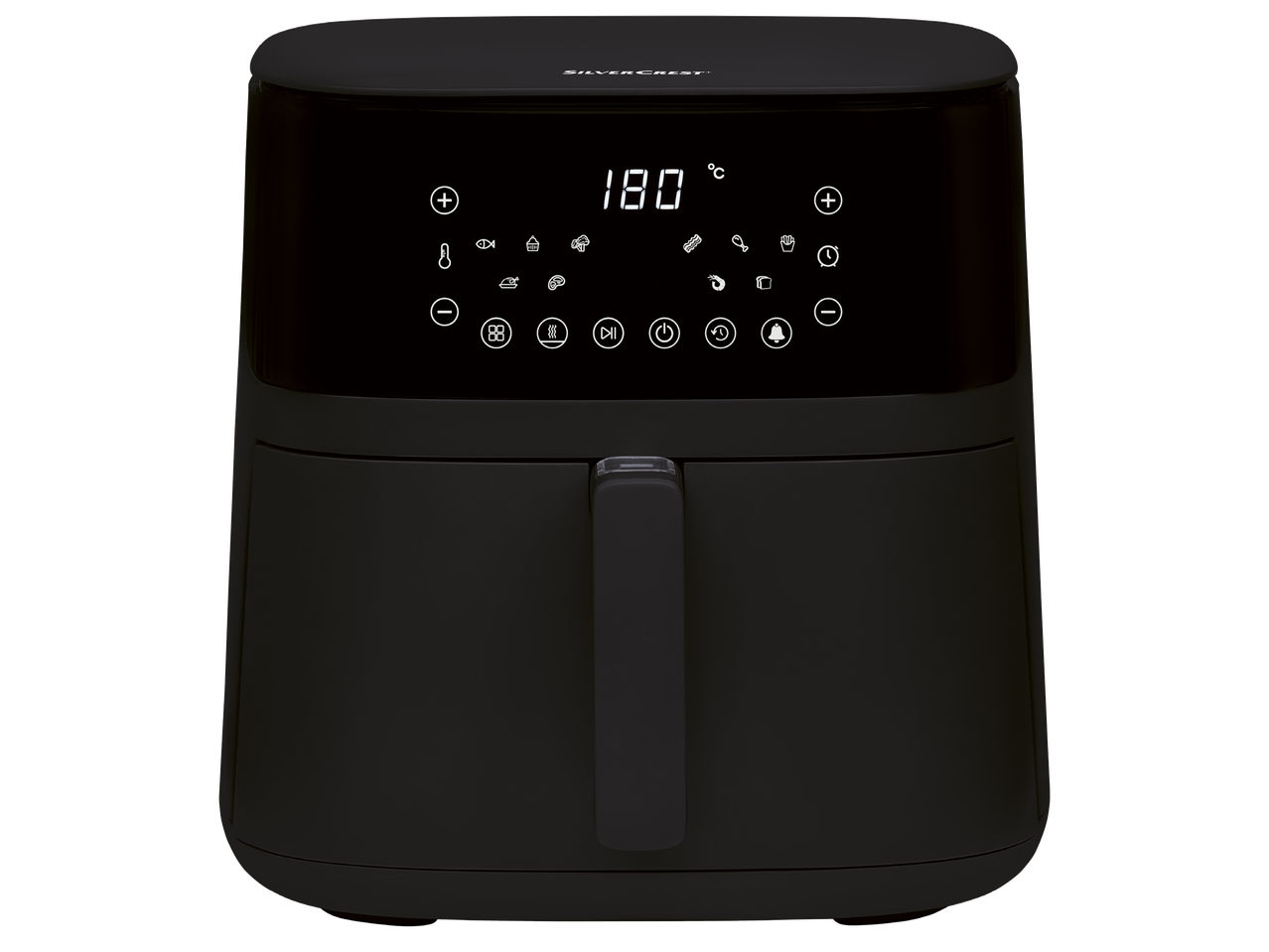 Черен фритюрник с горещ въздух Silvercrest с дигитален дисплей, показващ 180°C.