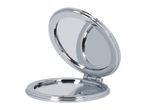Open silver compact mirror with two reflective surfaces