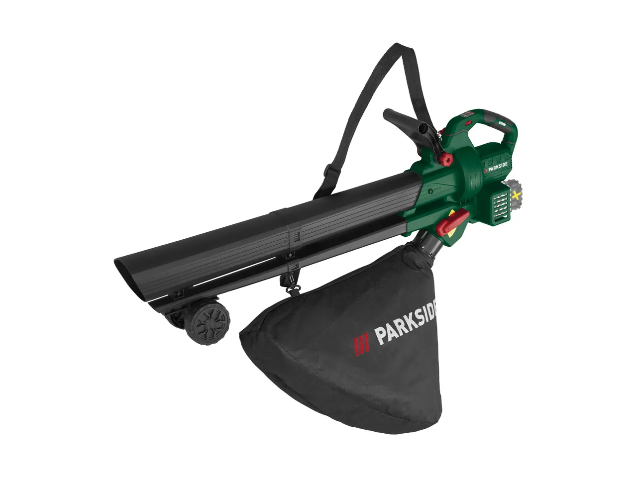 A green and black Parkside leaf blower with a collection bag and shoulder strap.