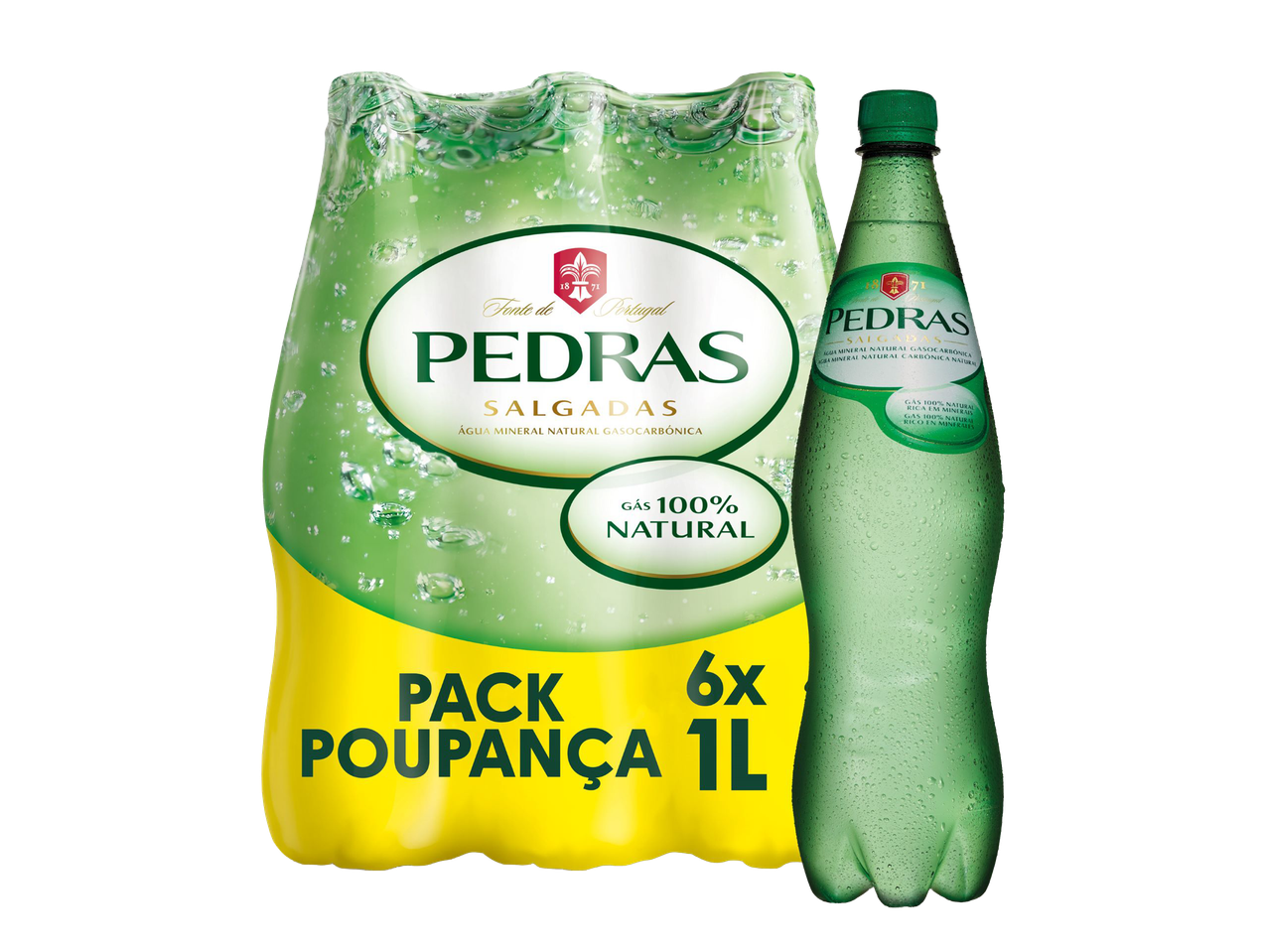 Pack de 6 garrafas de água mineral natural gaseificada de 1 litro, com a inscrição 'Gás 100% Natural'.