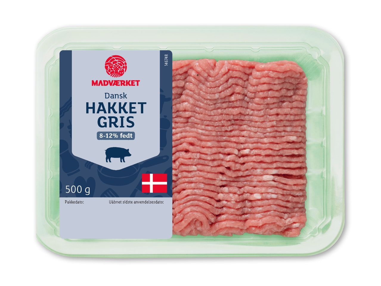 Pakke med 500g hakket gris med 8-12% fedt.