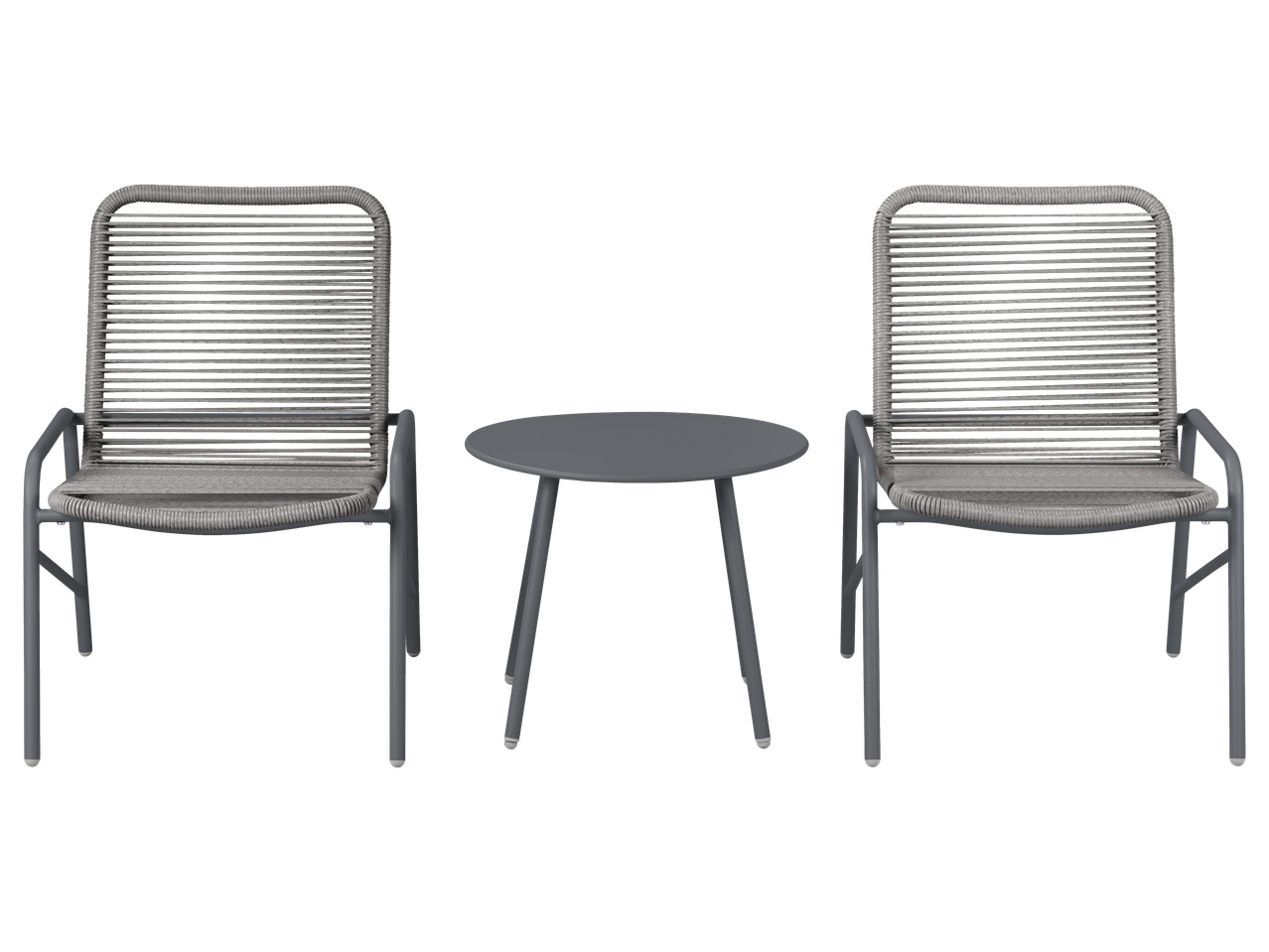 Dvije sive stolice od užeta s odgovarajućim okruglim stolom, idealne za vrtni set.