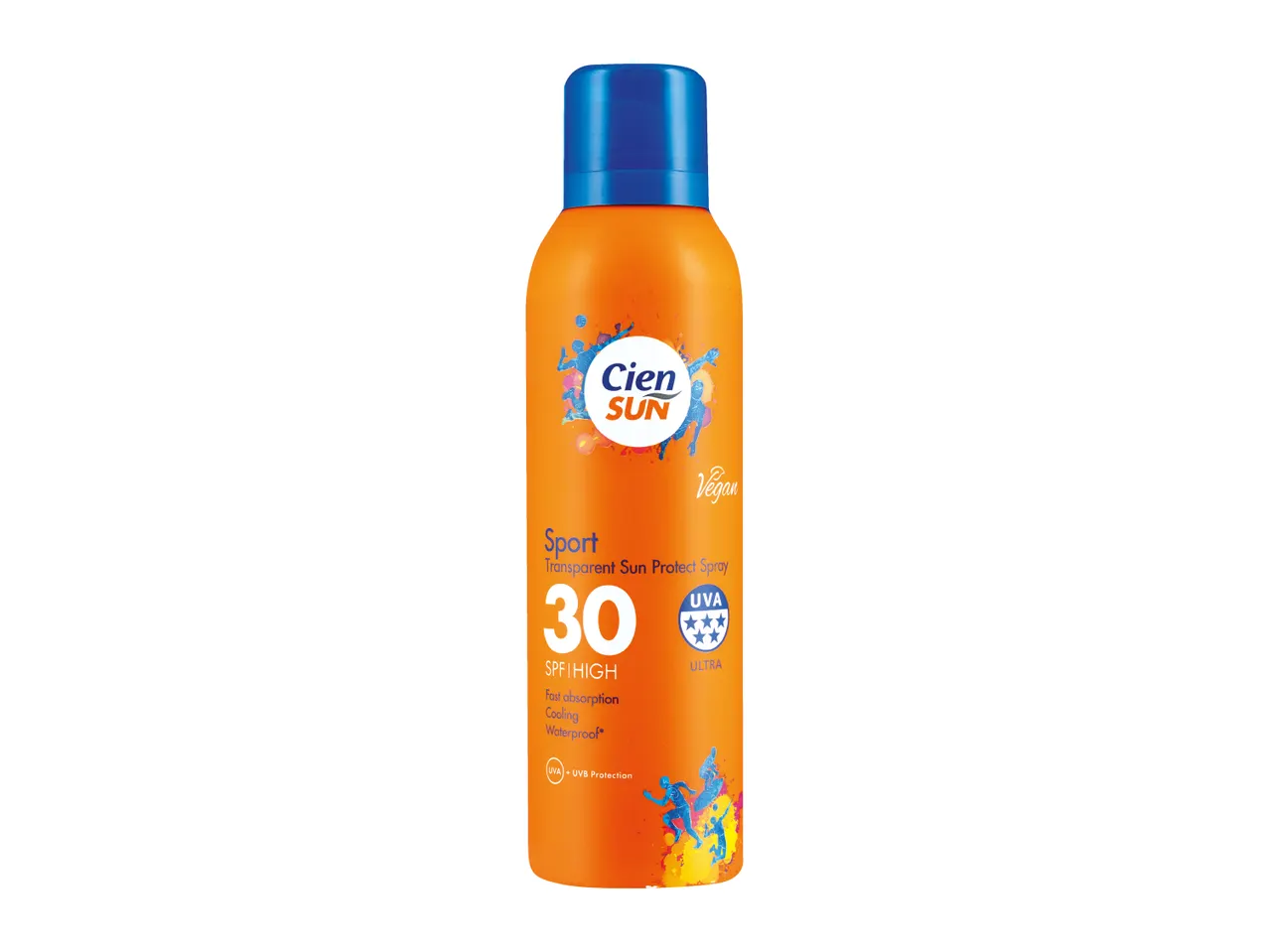 Orange sport transparent sun protect spray, SPF 30, with UVA + UVB protection.