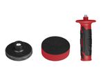 Red and black polishing tool kit with handle and two pads.