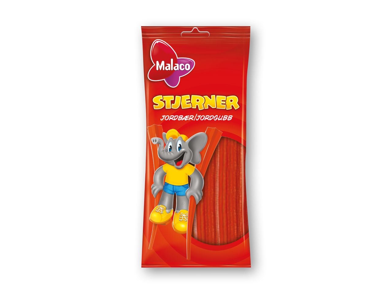 Malaco Stjerner jordbær/jordgubbe slik i en rød pose.