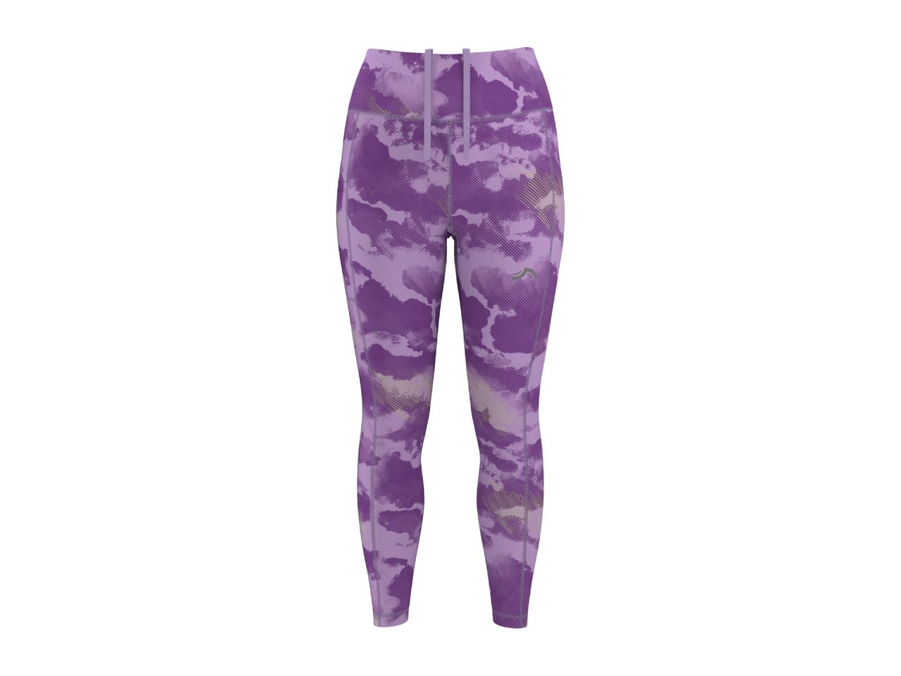 Purple patterned women's sports leggings with a high waist and drawstring.