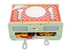 Wooden toy grill with checkered tablecloth, plate, cutlery, and play food like steak and cheese.
