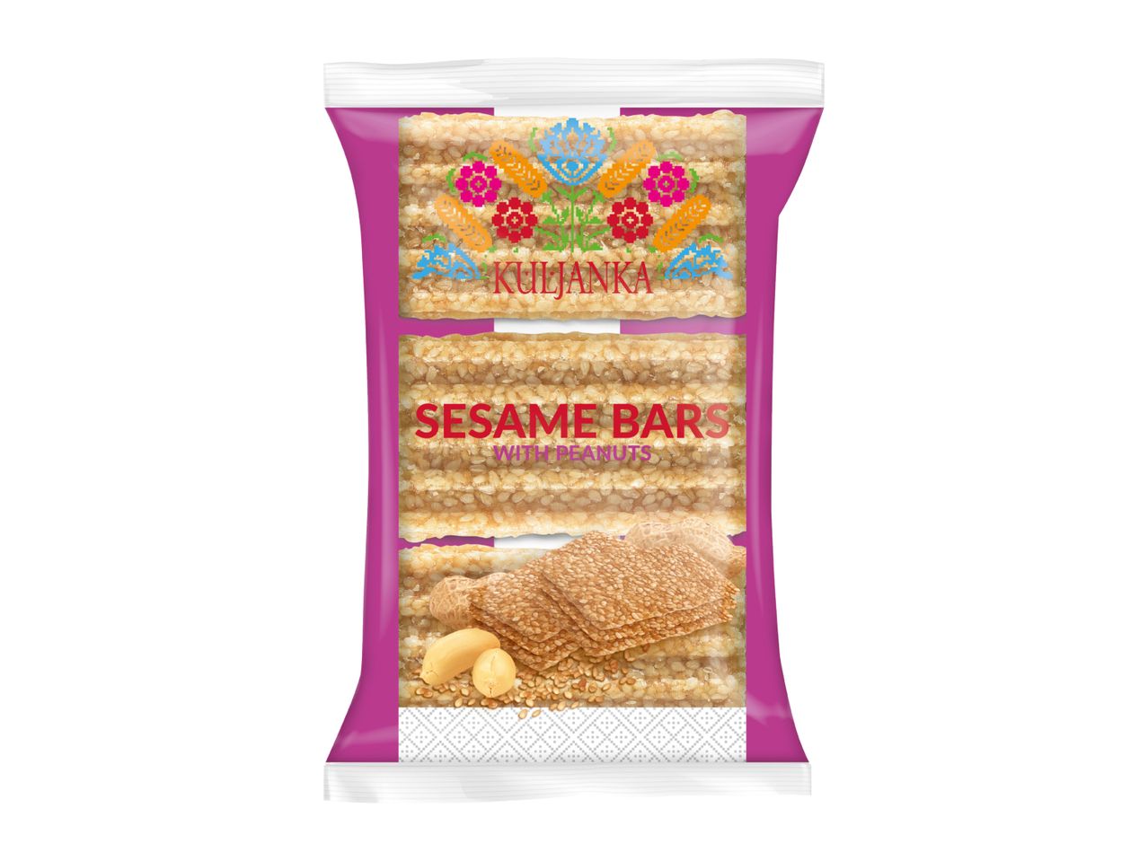 KULJANKA Sesame Bars with Peanuts in a purple and white package