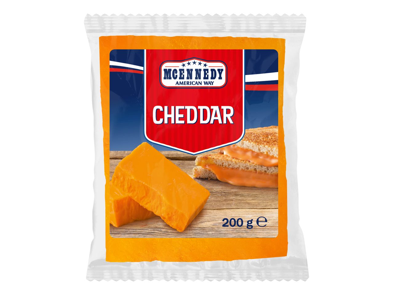Fromage Cheddar Mcennedy 200g, image avec des toasts.