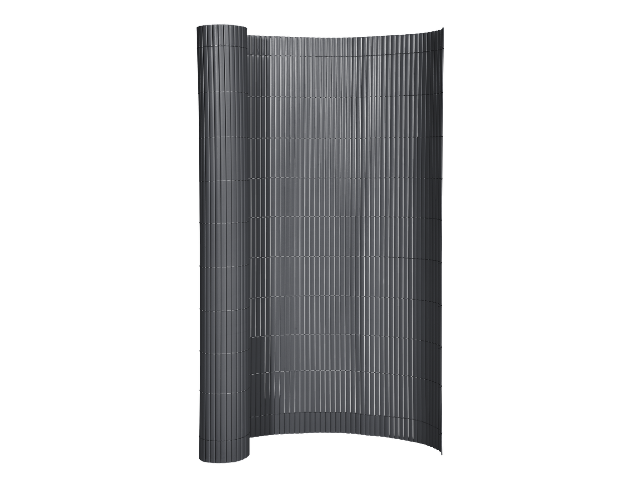 Un rouleau de brise-vue gris foncé, composé de lattes verticales reliées par des fils horizontaux.