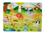 Wooden safari animal maze board with giraffe, lion, elephant, monkey, and other animals.