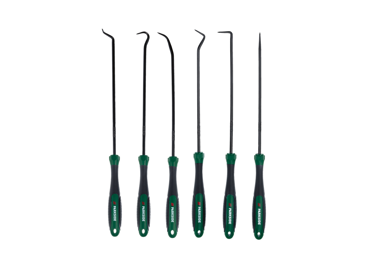 Parkside® 7 automašīnu demontāžas instrumentu komplekts ar zaļiem un melniem rokturiem.