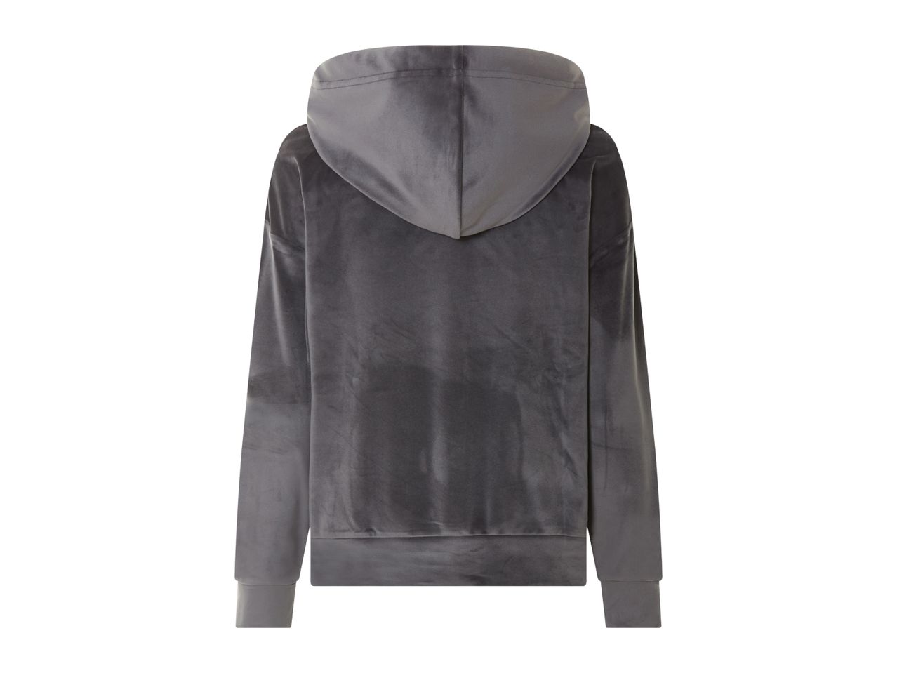 Back view of a gray velvet hoodie with a hood
