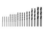 A set of various sized wood drill bits arranged in ascending order of size.
