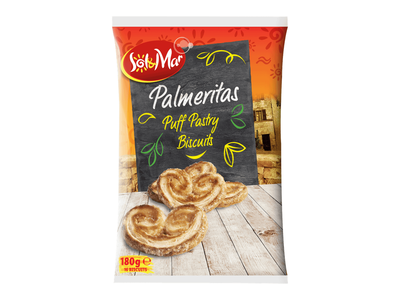 Puff pastry -keksipakkaus, jossa on sydämenmuotoisia keksejä puupöydällä.