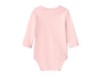 Back view of a plain light pink long-sleeved baby bodysuit.