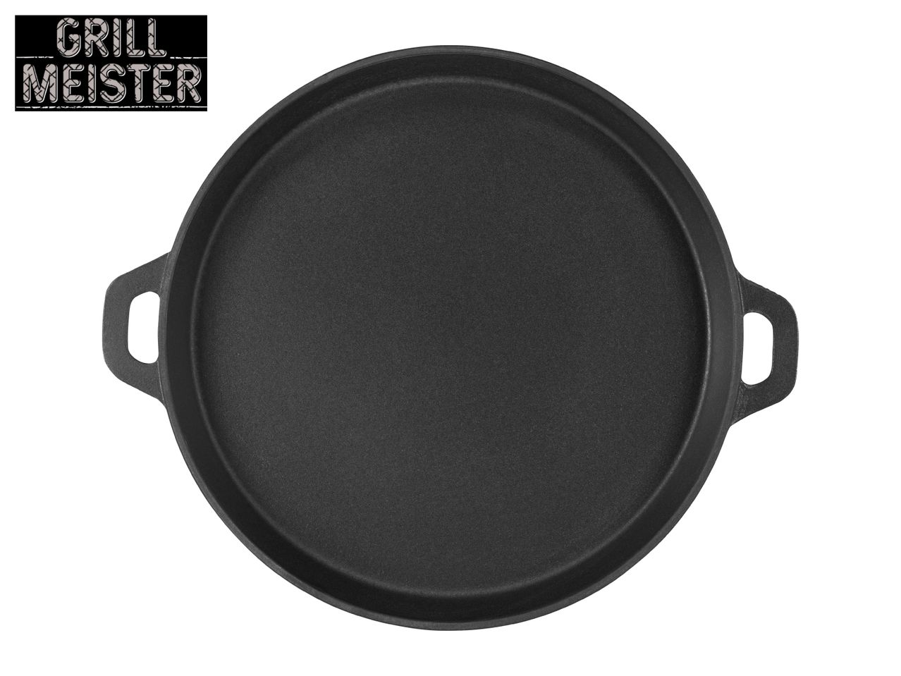Round cast iron griddle pan with two handles, featuring a 'GRILL MEISTER' logo.