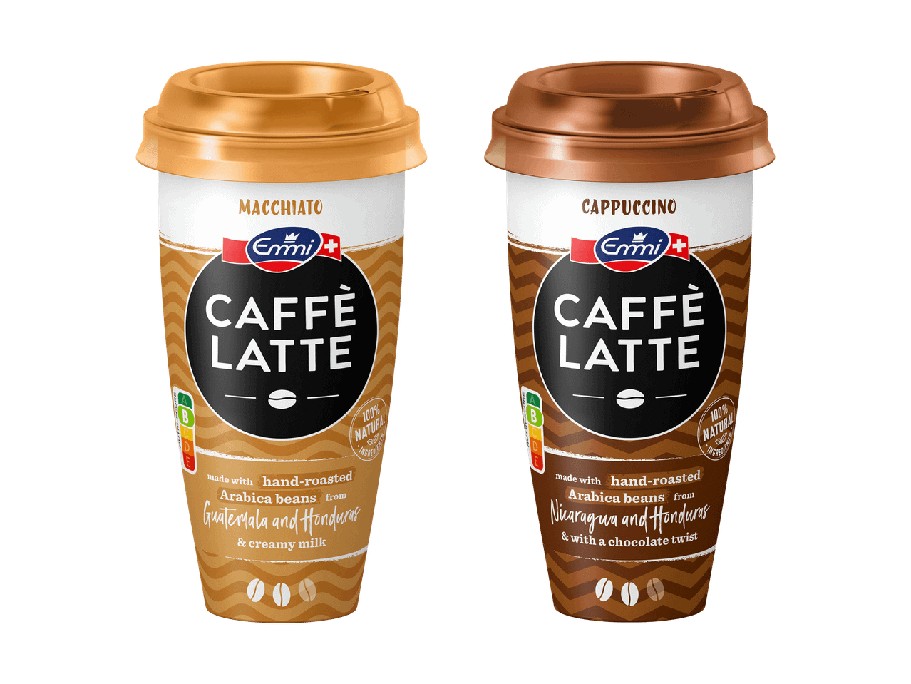 Zwei Caffè Latte Becher, einer hell, einer dunkel.
