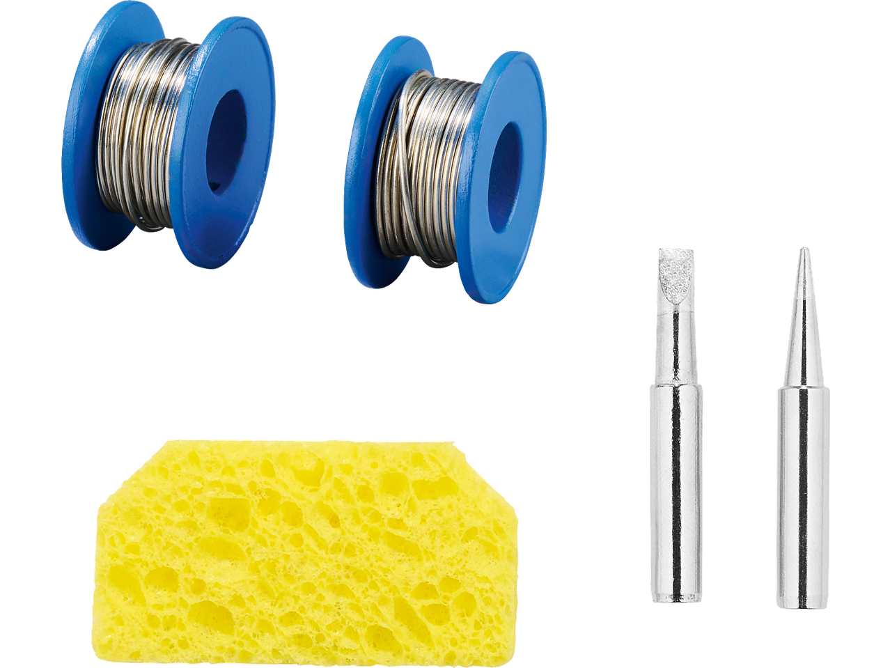 Jootetarvikud: kaks jootetraadi rulli, käsn ja kaks jootekolvi otsikut.