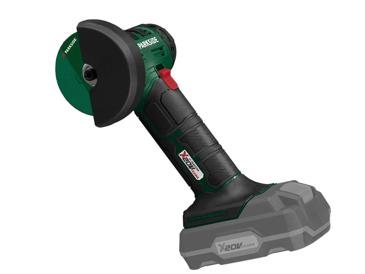 En Parkside vinkelslip med ett X 20V Team-batteri.