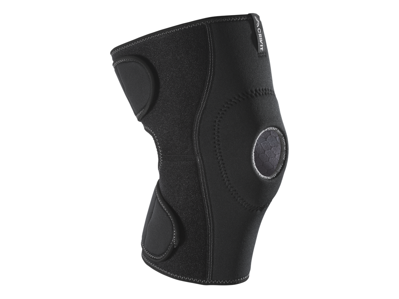 Melna ceļgala saite ar atvērumu ceļgalam un pelēku sešstūra rakstu