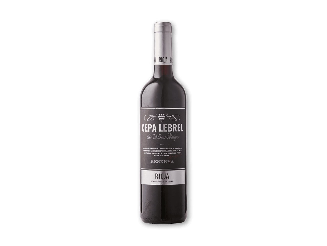En flaske rødvin med en sort etiket, der angiver, at det er en Reserva Rioja.