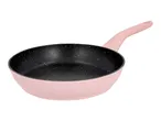Pink frying pan with a black speckled non-stick interior.