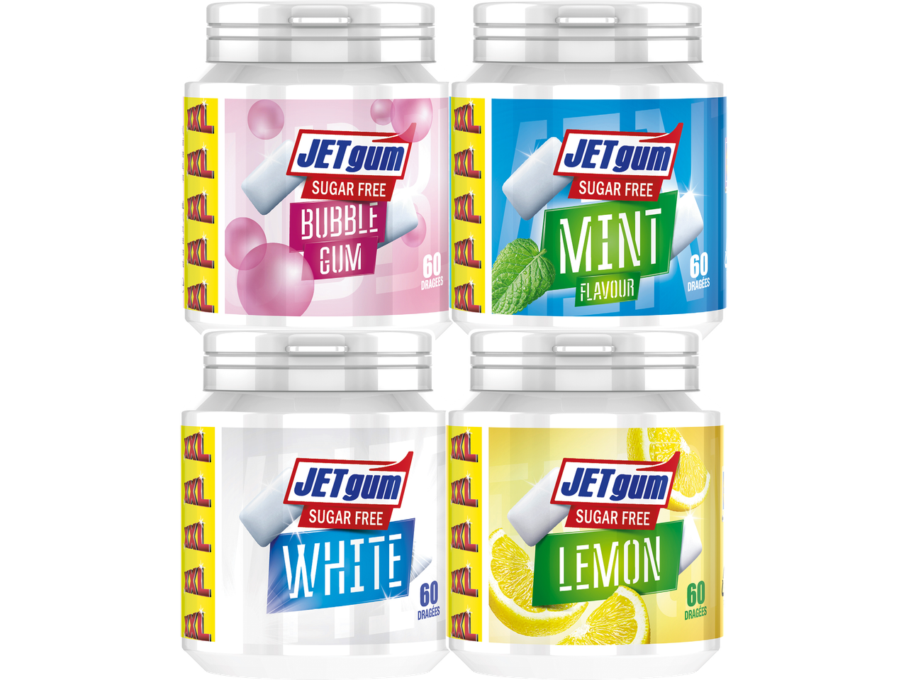 Fyra burkar sockerfria Jetgum tuggummin i smakerna mint, bubbelgum, citron och vit.