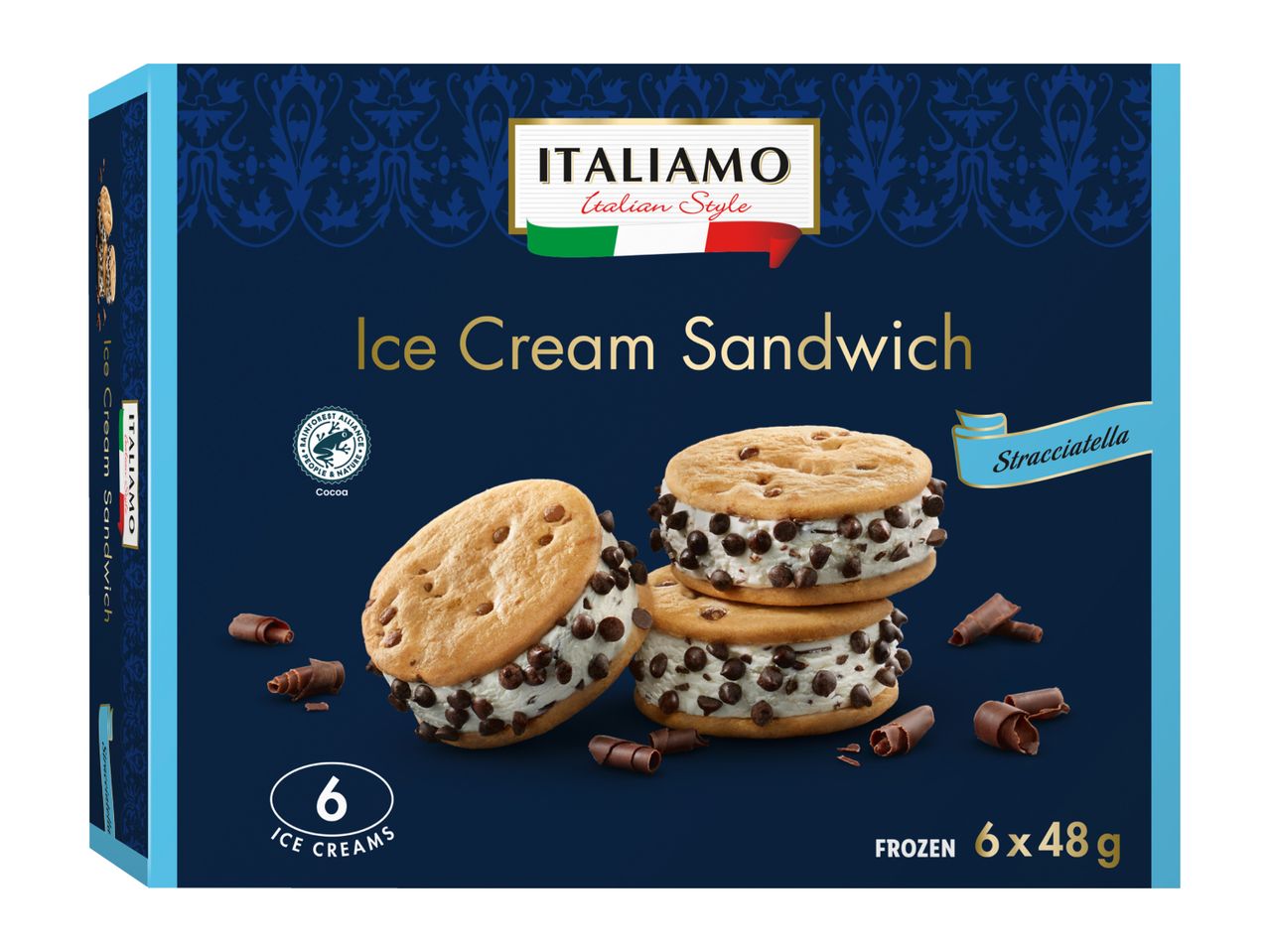 Ice cream sandwich box with stracciatella ice cream and chocolate chips.