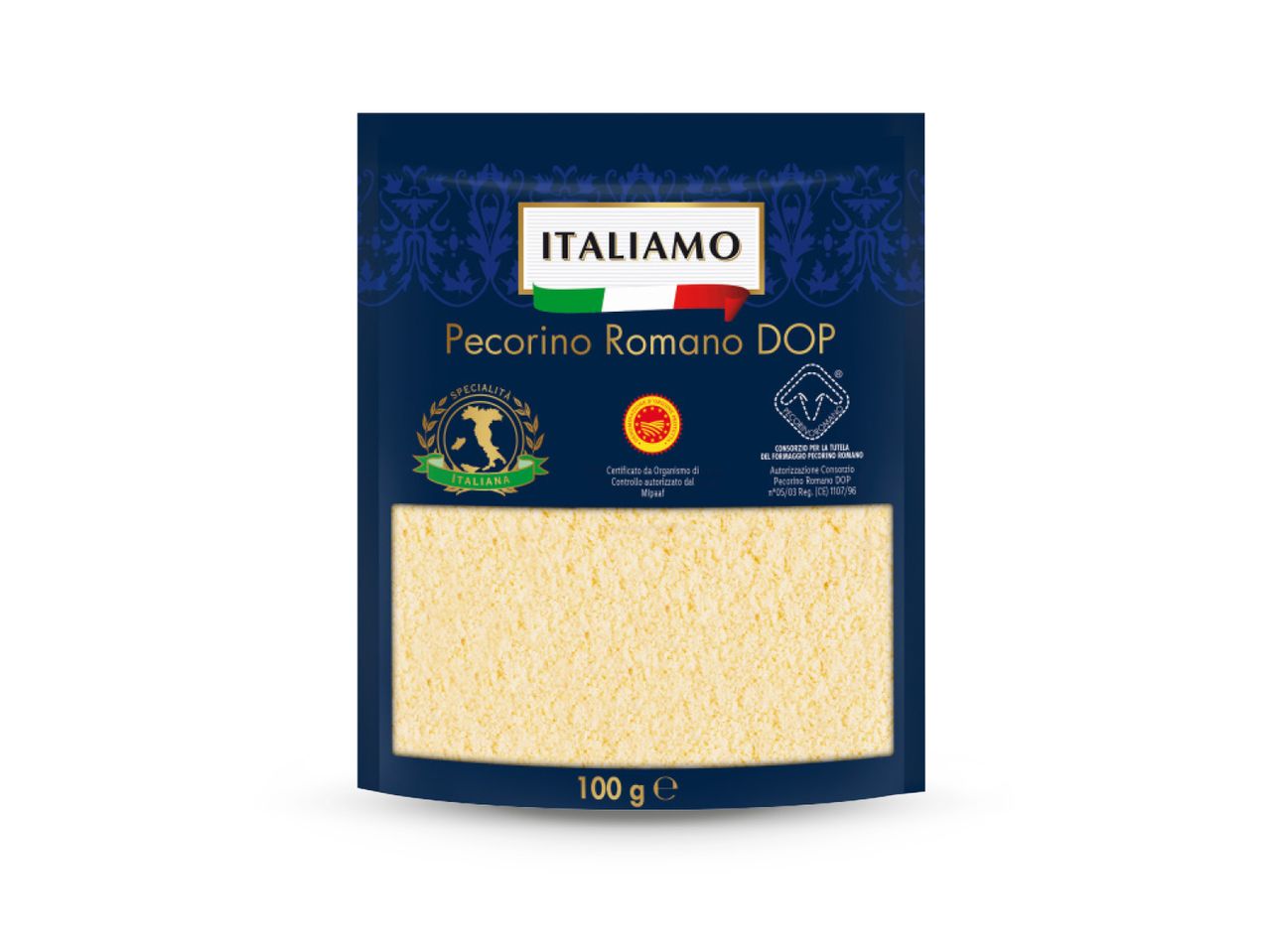 Pakiranje ribanog Pecorino Romano DOP sira marke Italiamo, 100 g
