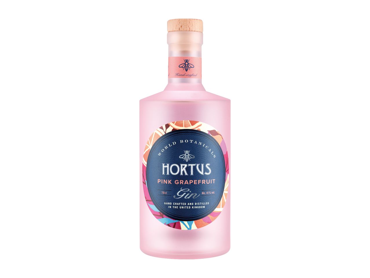 Pink grapefruit gin bottle with a botanical label, featuring a bee and text 'Hand-crafted'.