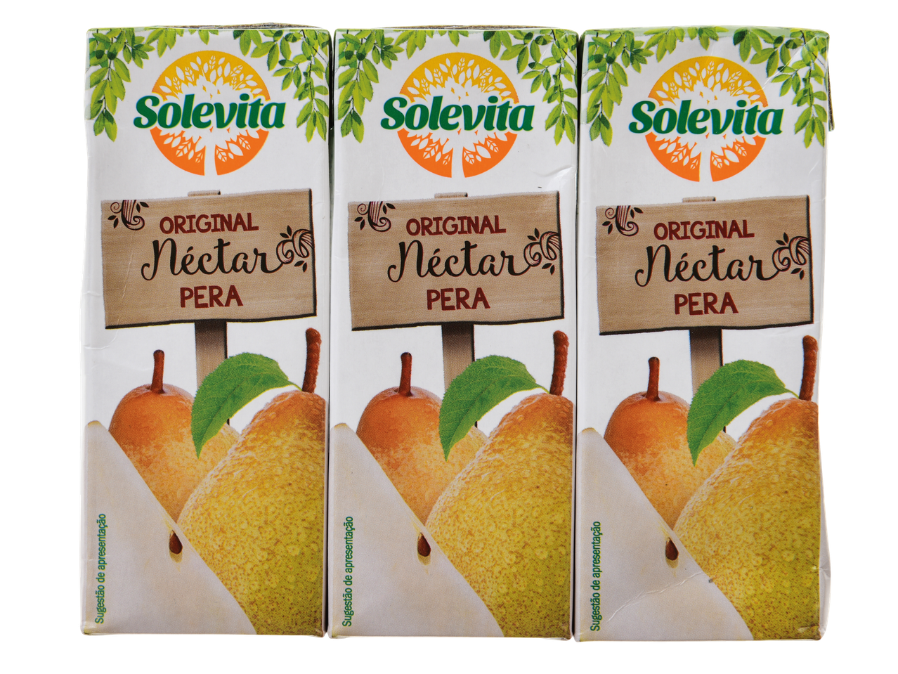 Três embalagens de Néctar de Pera Original Solvita com ilustrações de peras.