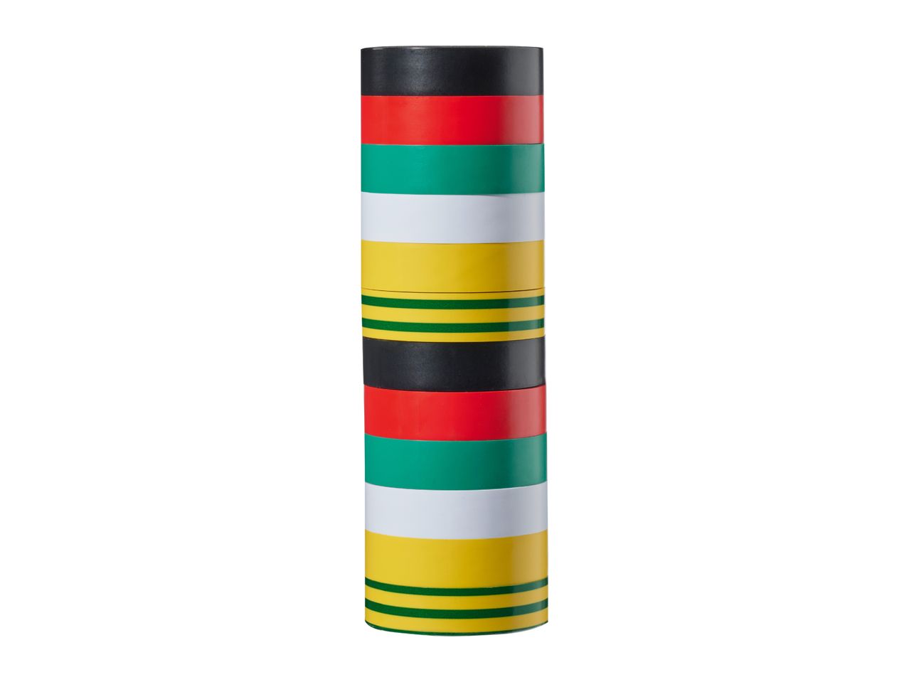 A tall, cylindrical object with horizontal stripes in black, red, green, white, and yellow.