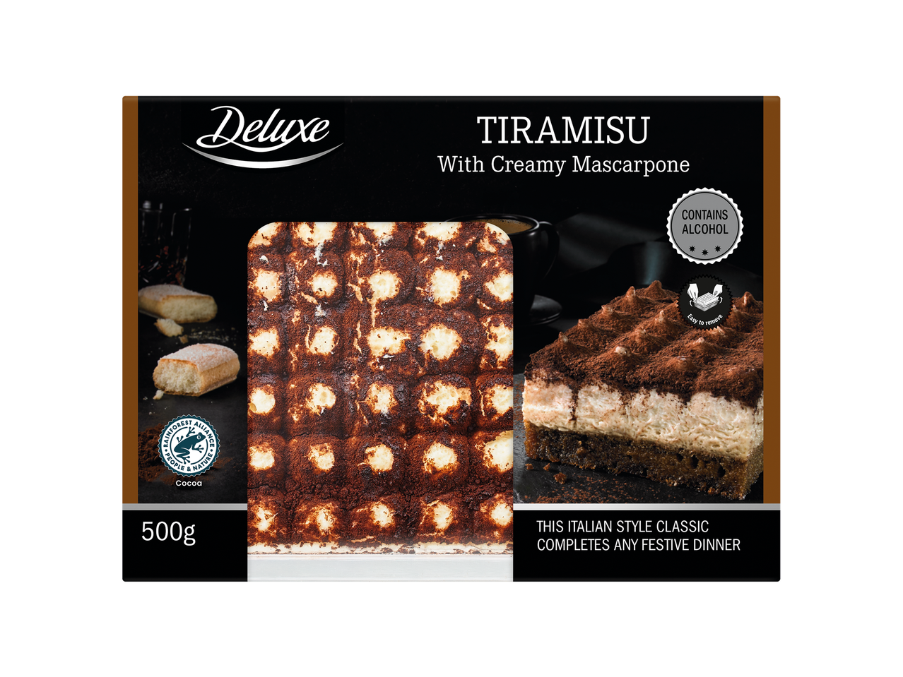Emballage de tiramisu avec mascarpone crémeux, 500g, avec la mention 'contient de l'alcool' et 'facile à retirer'.