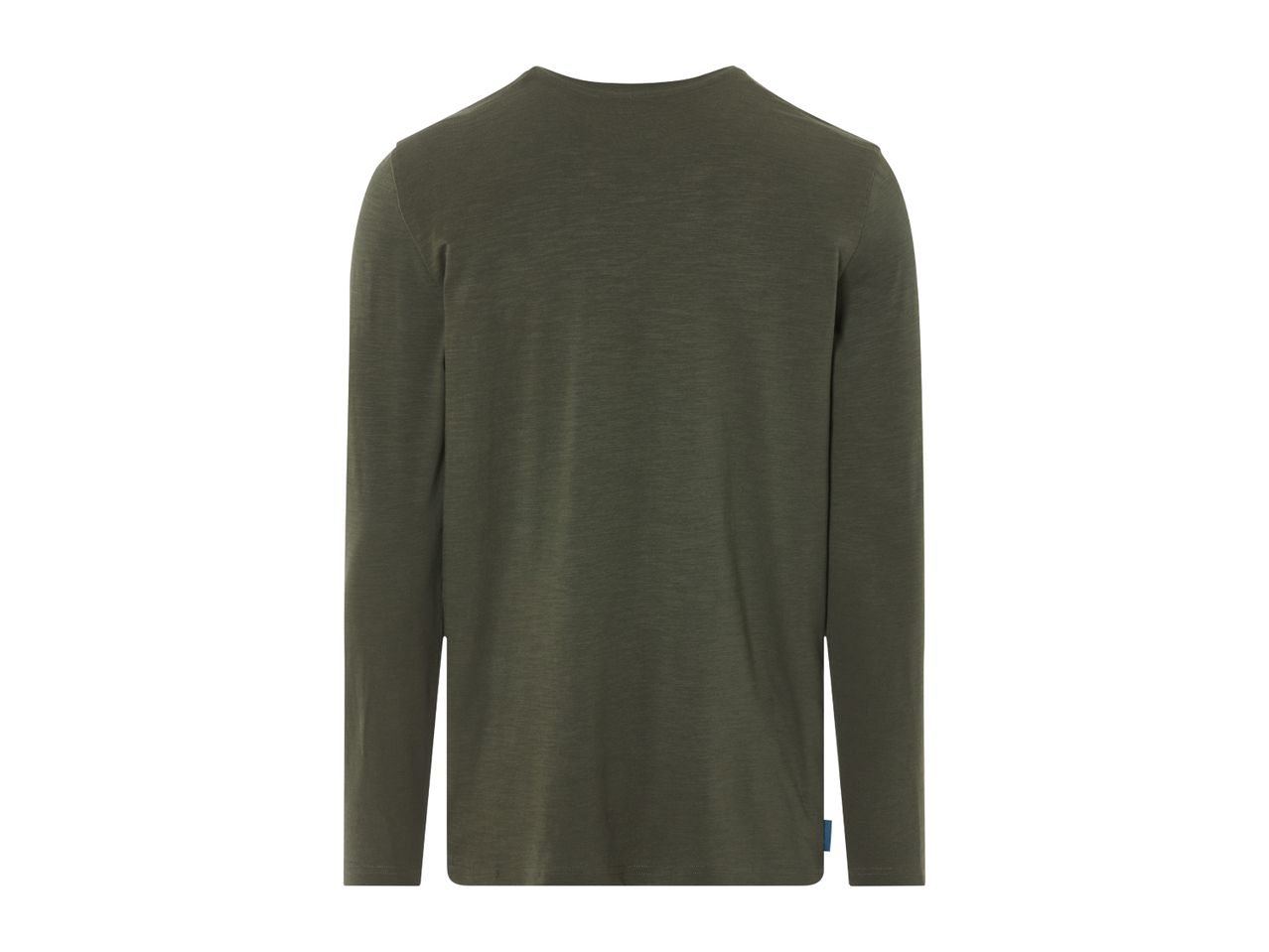 Back view of a men's long-sleeved olive green t-shirt.