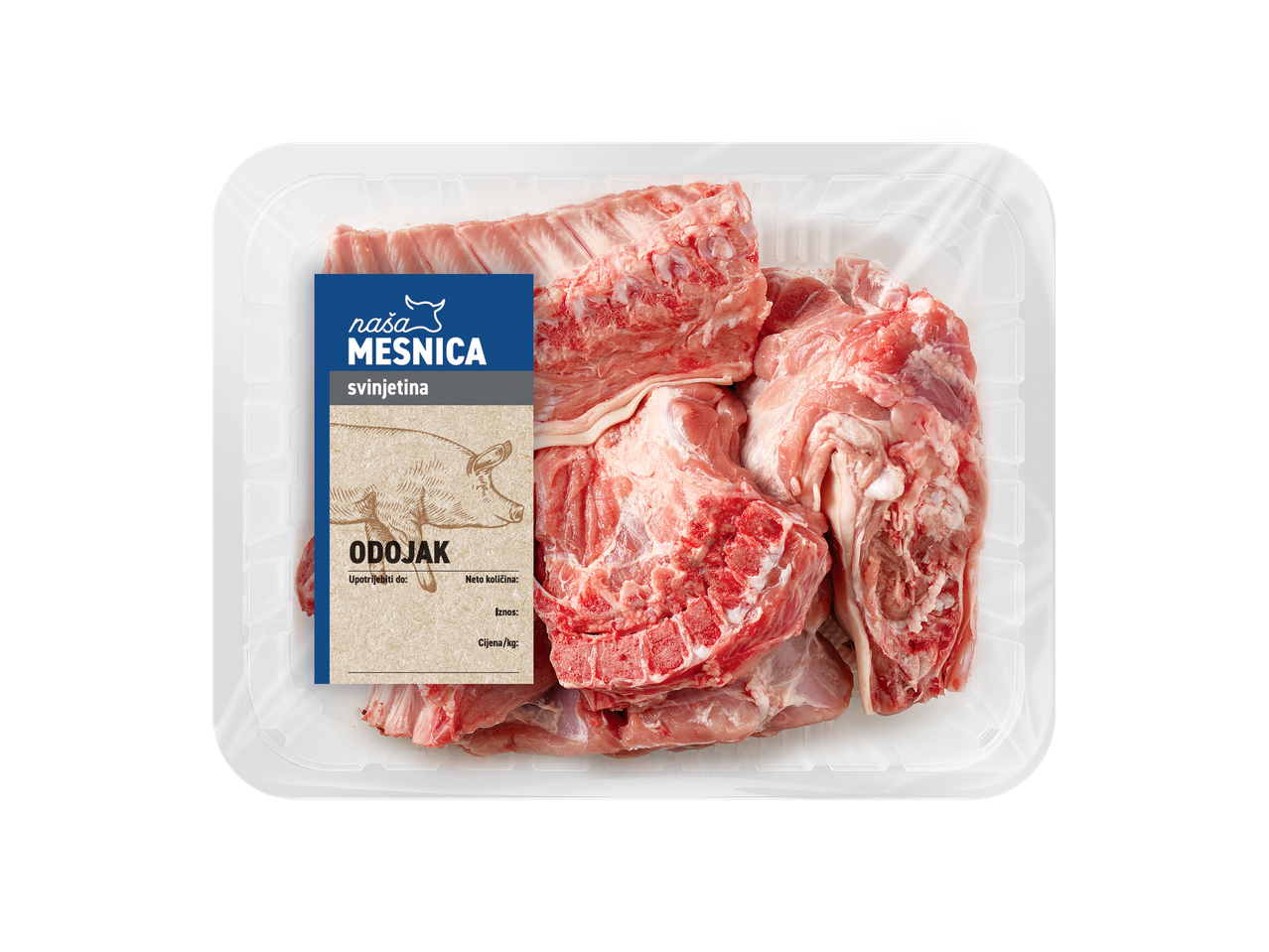 Pakirano svinjsko meso s natpisom 'Naša Mesnica svinjetina Odojak'.