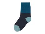 A single blue and black striped sock with a light blue heel and toe.