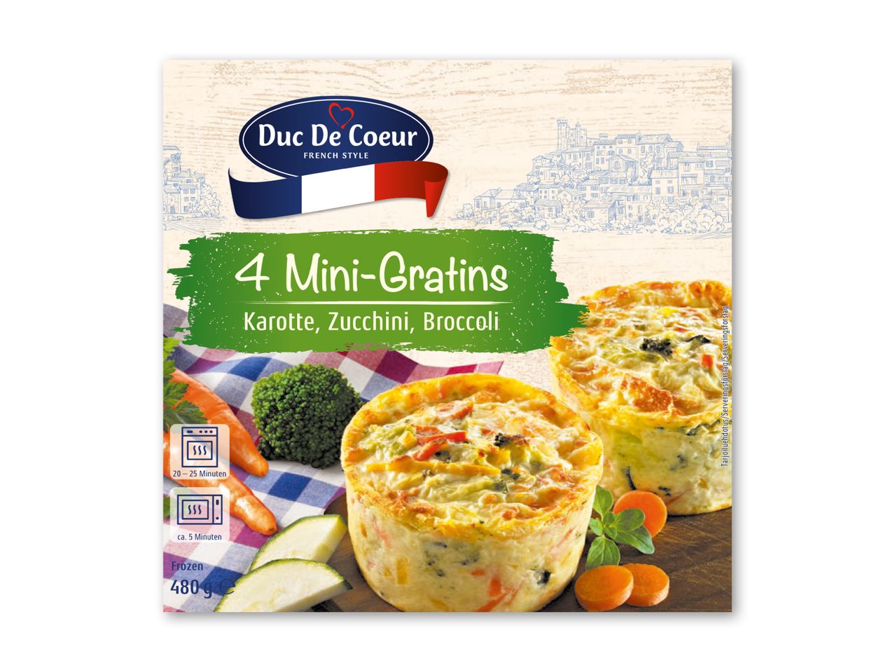 4 mini-gratiner med gulerod, squash og broccoli, frosne, 480g