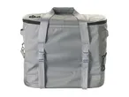 Grey insulated cooler bag with top handle, zipper closure, and side buckles.