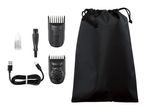 Hair clipper accessories including two comb attachments, cleaning brush, oil, USB cable, and storage bag.