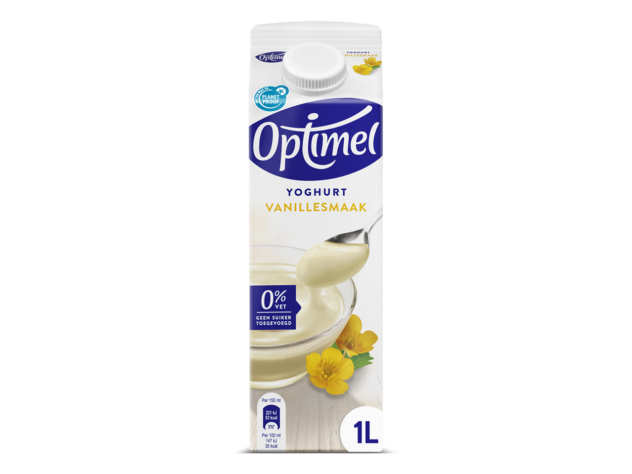 Optimel vanille yoghurt, 0% vet, geen suiker toegevoegd, 1 liter pak.